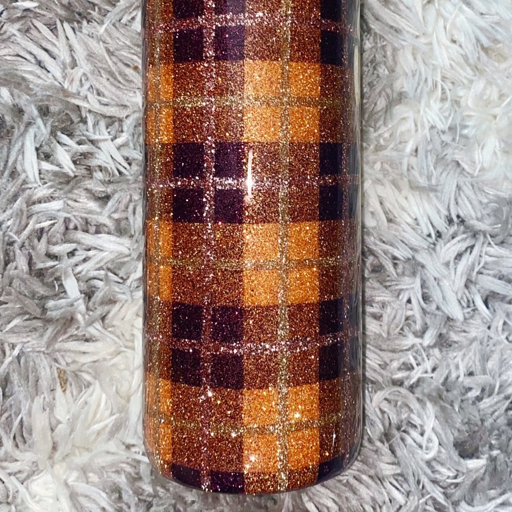 20oz Glitter tumbler/Sweater Weather/Burnt Orange and Wine Plaid/Rose Gold/Gold - Picture 2 of 2